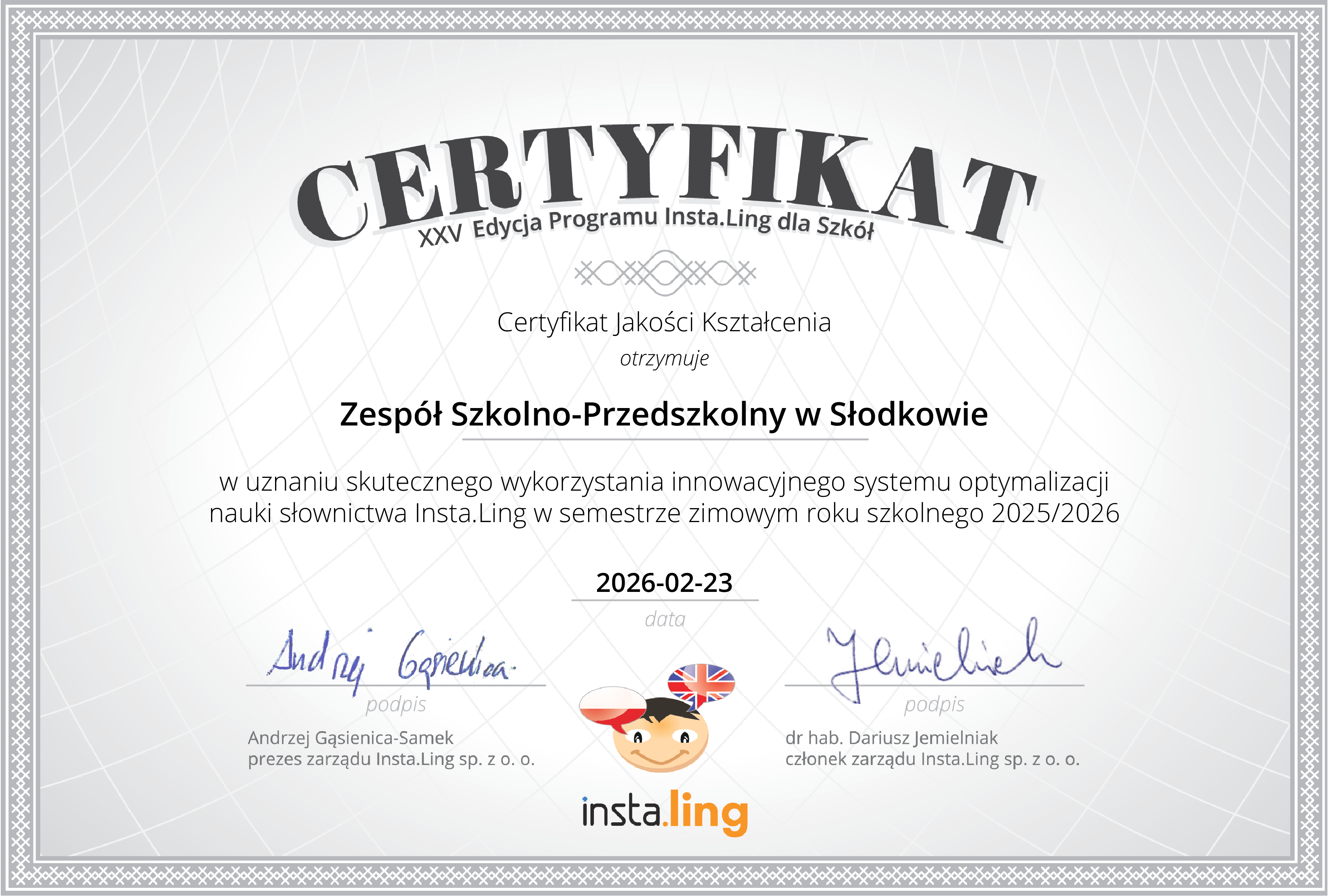 🏆 Kolejny certyfikat dla ZSP w Słodkowie!
