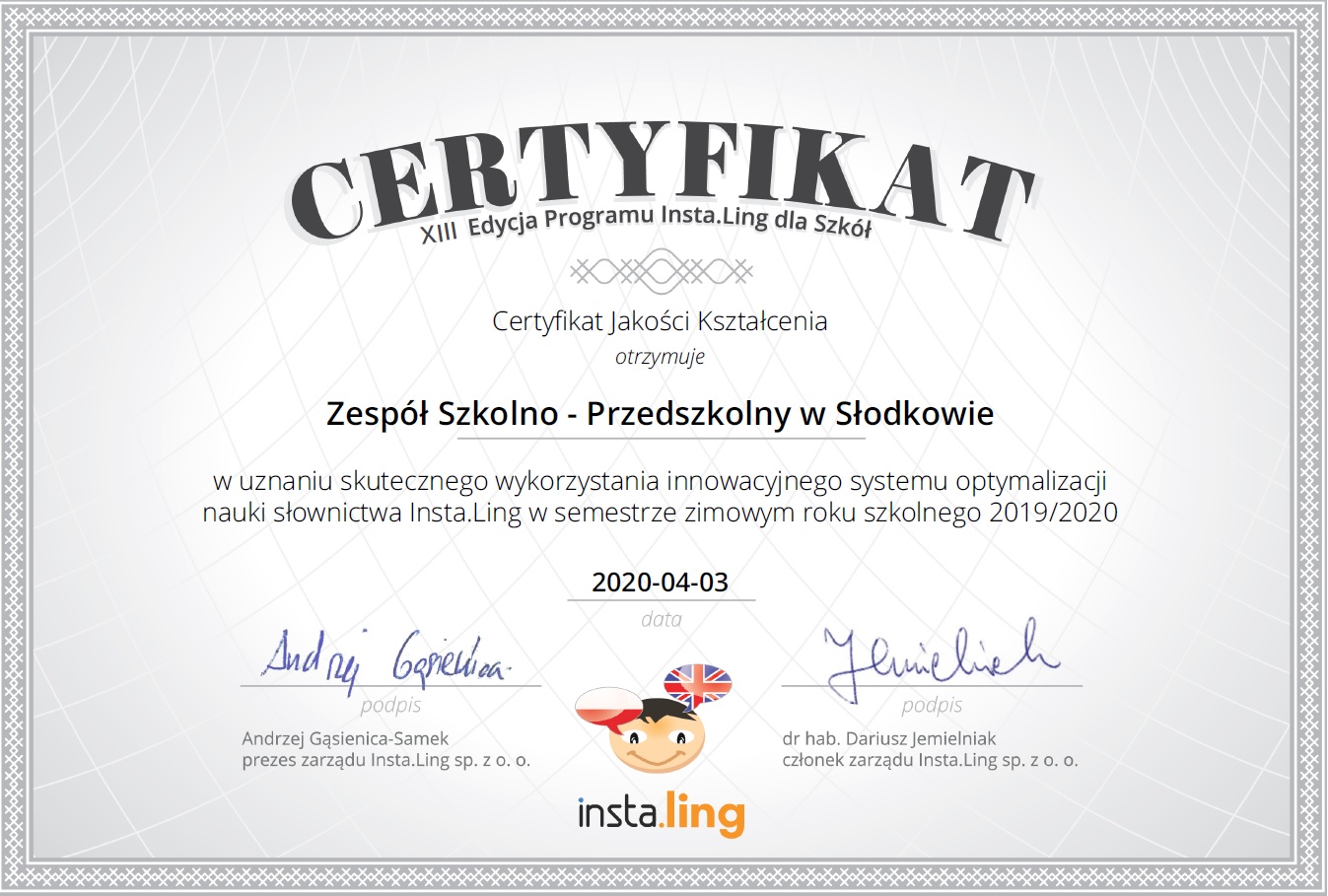 Certyfikat za udział w Programie Insta.Ling.
